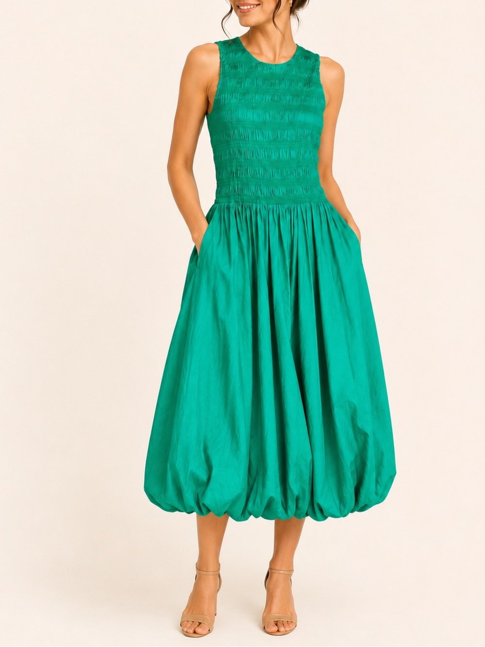 Madewell Green Smocked Bubble Hem Maxi Dress Pockets Cotton L NWT